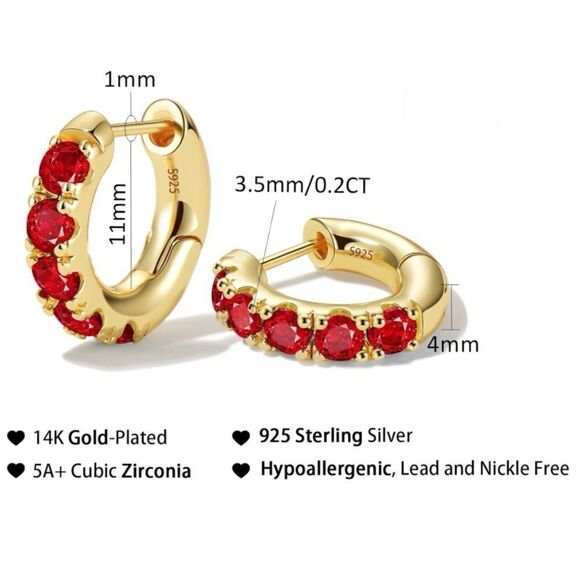 14K Yellow Gold 925 Sterling Silver with Ruby Red Cubic Zirconia Huggie Earrings - Picture 7 of 7